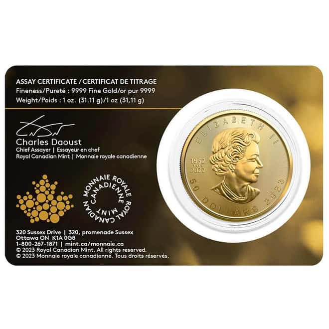 2023 1 oz Canadian Gold Maple Leaf $50 Coin BU (In Assay)