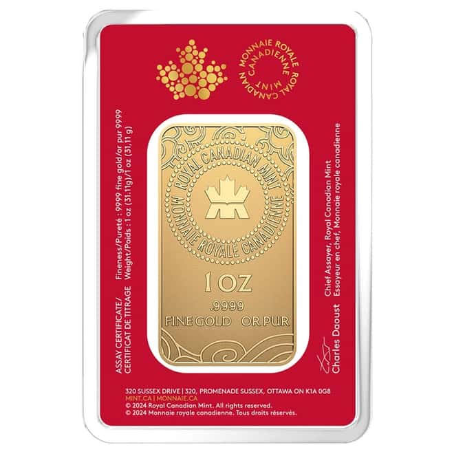 2025 1 oz Royal Canadian Mint RCM Lunar Snake Gold Bar .9999 Fine (in Assay)