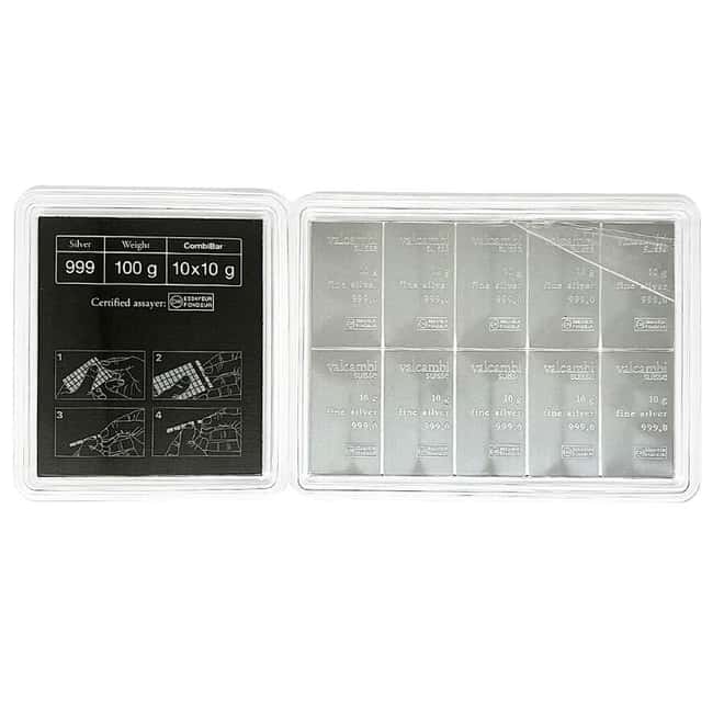 Broken Assay - 10 x 10 gram Silver Valcambi CombiBar .999 Fine