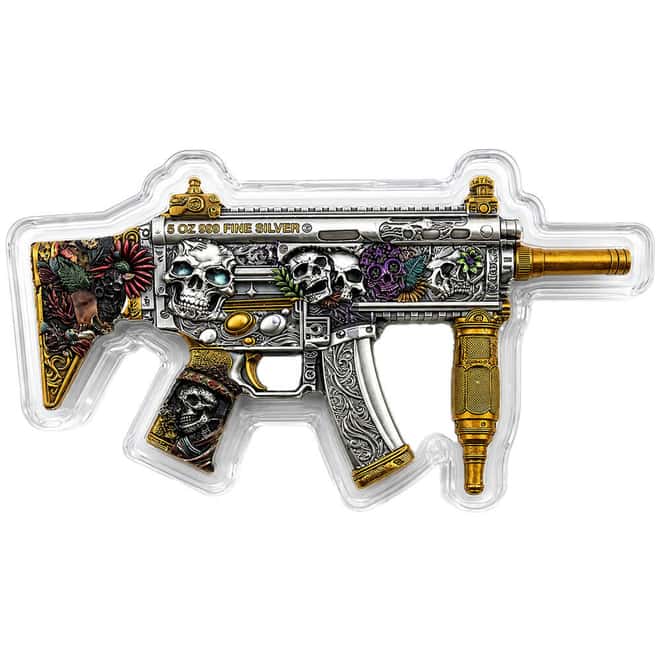 5 oz Dia de los Muertos Gun Shaped Silver .999 Fine Antiqued Finish