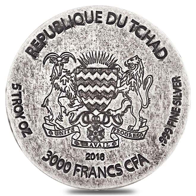 2016 5 oz Republic of Chad 3000 Francs Silver King Tut Coin - Egyptian Relic Series w/Box