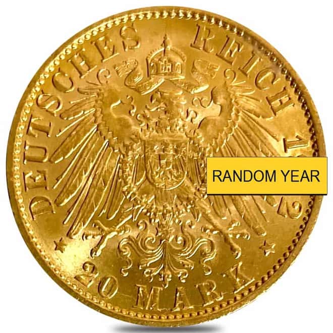 Germany Prussia 20 Marks Gold Coin BU AGW .2304 oz (1871-1915, Random Year)