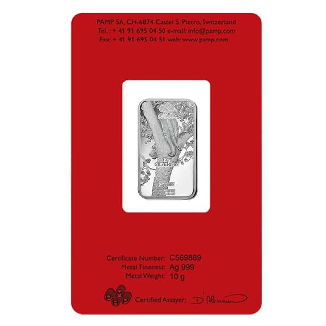 Box of 25 - 10 gram PAMP Suisse Year of the Tiger Silver Bar (In Assay)