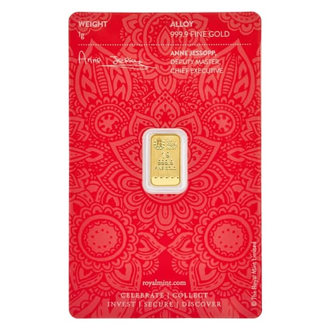 1 gram Britannia Gold Bar Henna Design .9999 Fine (In Assay)