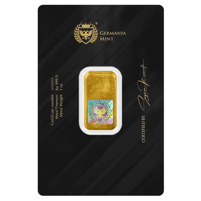 1 oz Germania Mint Gold Bar .9999 Fine (In Assay)