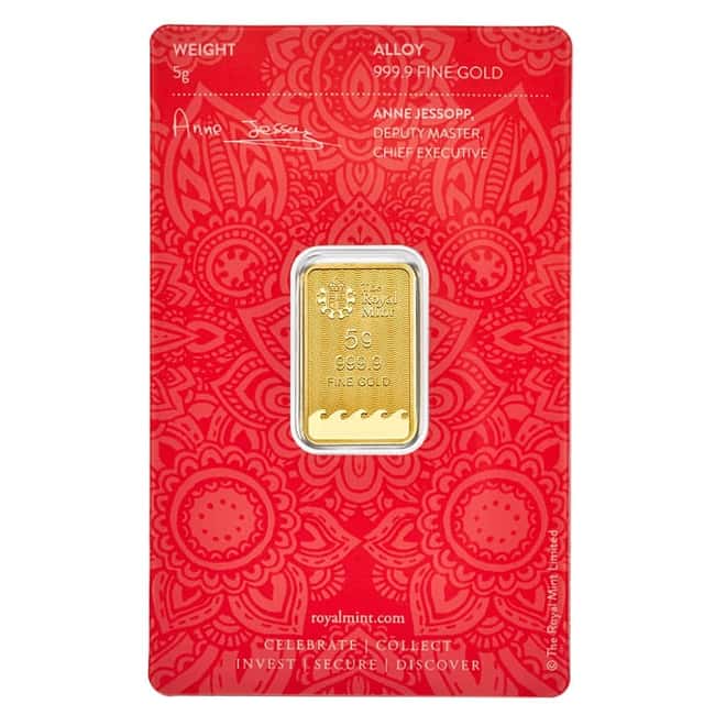5 gram Britannia Gold Bar Henna Design .9999 Fine (In Assay)