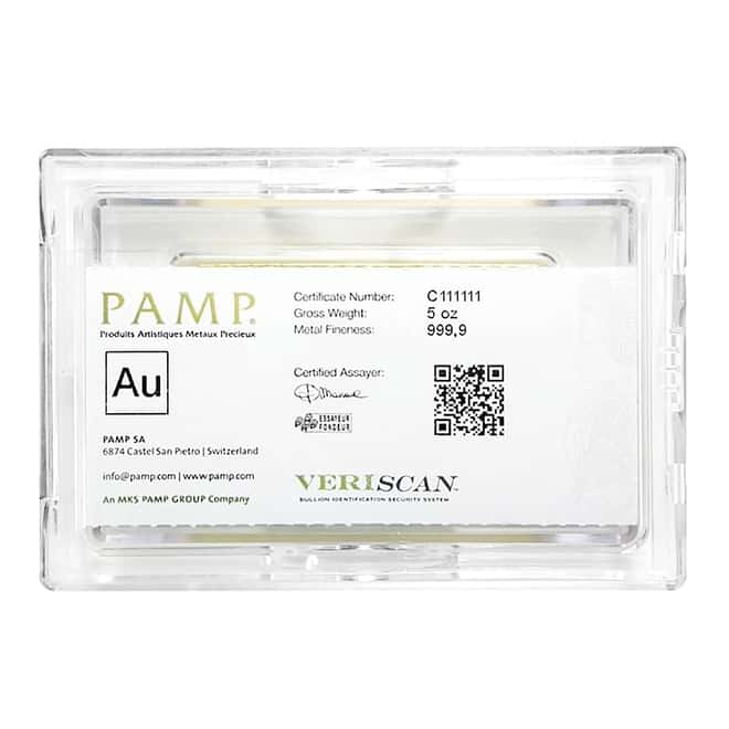 5 oz PAMP Suisse Lady Fortuna Gold Bar .9999 Fine (In Assay)