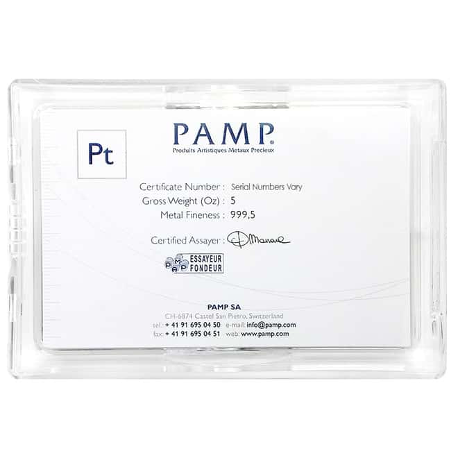 5 oz PAMP Suisse Lady Fortuna Platinum Bar .999+ Fine (In Assay)