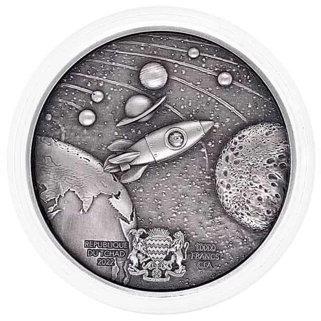 2022 Chad 2 oz Silver Doge On The Moon Antiqued High Relief Coin .999 Fine (w/Box)