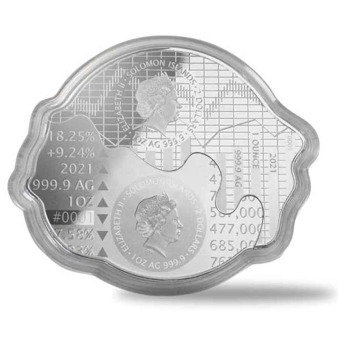2021 Solomon Islands 2 x 1 oz Silver Bull vs Bear Interlocking 2-Coin Set .9999 Fine (w/Box & COA)