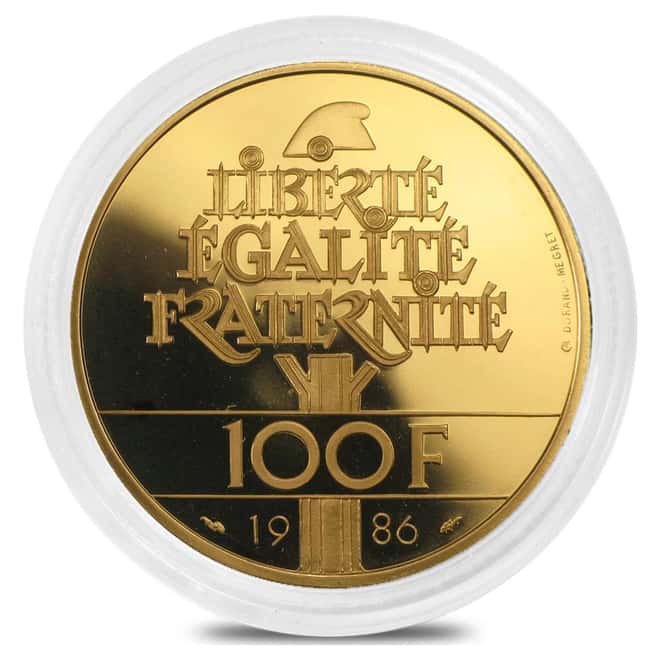 1986 France 100 Francs Statue of Liberty Proof Gold Coin AGW .5 oz (w/Box & COA)