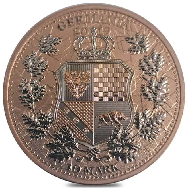 2019 2 oz Britannia & Germania The Allegories 10 Marks Gilded Silver Coin