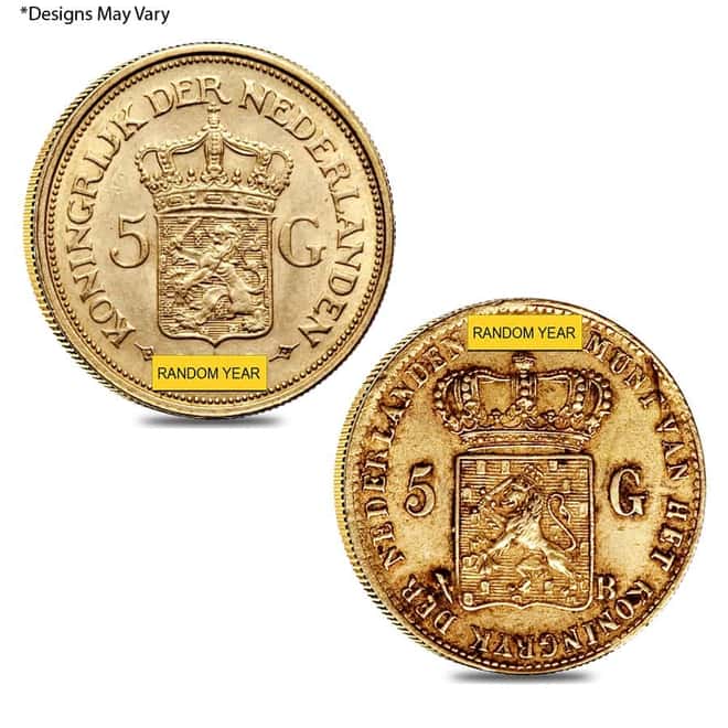 Netherlands 5 Guilder / Gulden Gold Coin AGW .0972 oz Avg Circ (Random Year)