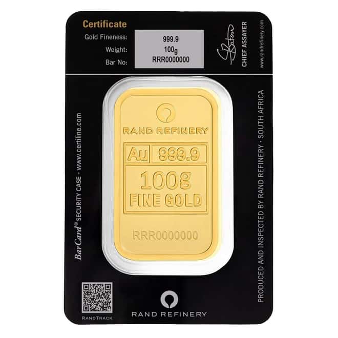 100 Gram Rand Refinery Gold Bar .9999 Fine (Africa Assay)