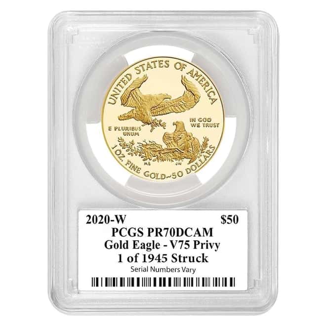 2020-W V75 Privy 1 oz Proof Gold American Eagle End of WWII 75th Anniv PCGS PF 70 FS (Iwo Jima Label)