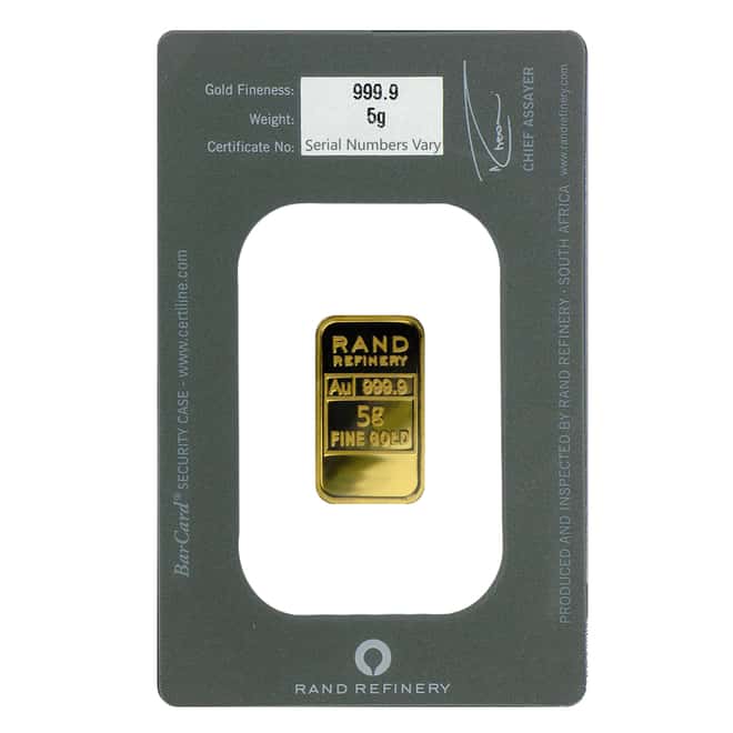 5 gram Rand Refinery Mirage Gold Bar .9999 Fine (In Assay)