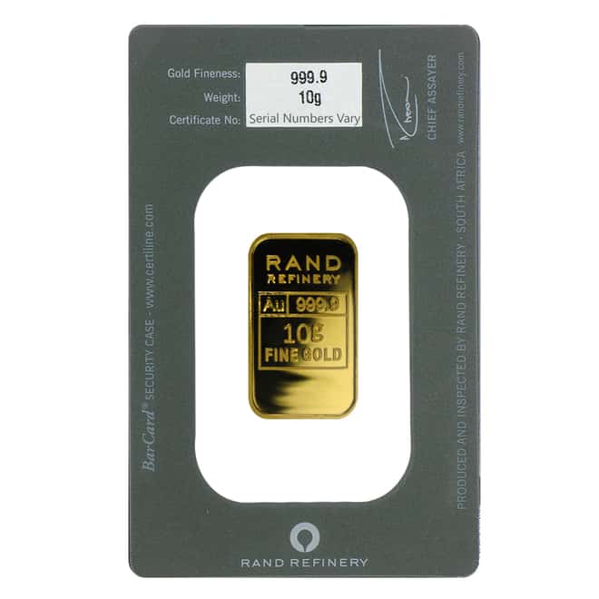 10 gram Rand Refinery Mirage Gold Bar .9999 Fine (In Assay)