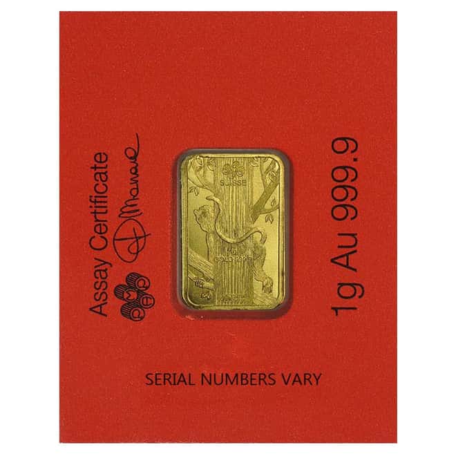 1 gram Gold Bar - PAMP Suisse Lunar Monkey .9999 Fine (In Assay from Multigram+8)