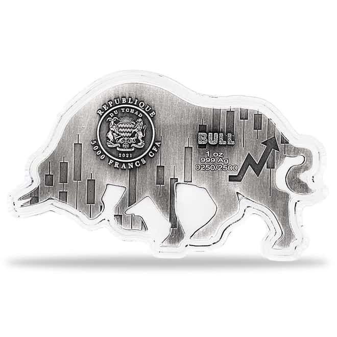 2021 Chad 1 oz Silver Bull Shaped Antiqued High Relief Coin (In Cap, Sealed)