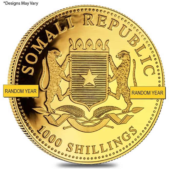 Somalia 1 oz Gold African Elephant 1000 Shillings BU (Random Year)
