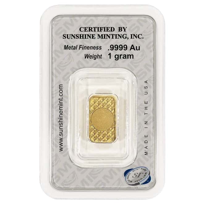 Sunshine Mint 1 Gram Gold Bar .9999 Fine (in Assay)