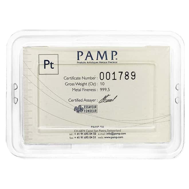 Vintage Assay - 10 oz PAMP Suisse Lady Fortuna Platinum Bar .9995