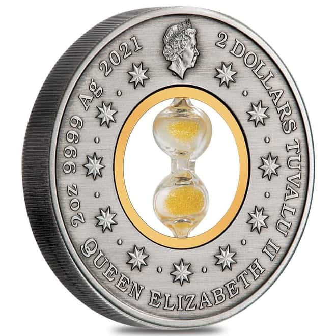 2021 Tuvalu 2 oz Antiqued Silver Hourglass Coin .9999 Fine (w/Box & COA)