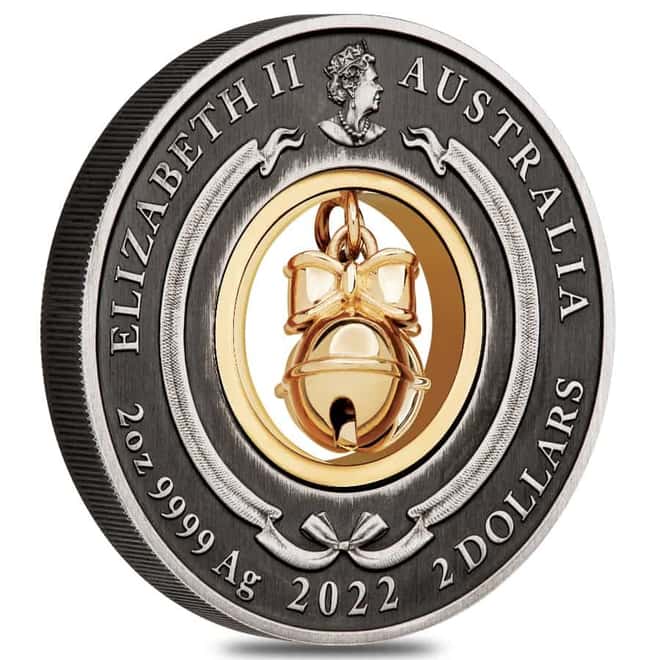 2022 2 oz Jingle Bell Antiqued Silver Coin Australian Perth Mint (w/Box & COA)