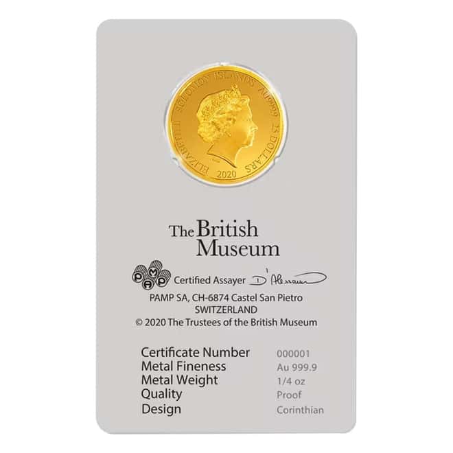 2020 1/4 oz British Museum Corinthian Helmet Proof Gold Coin Solomon Islands .9999 Fine (In Assay)