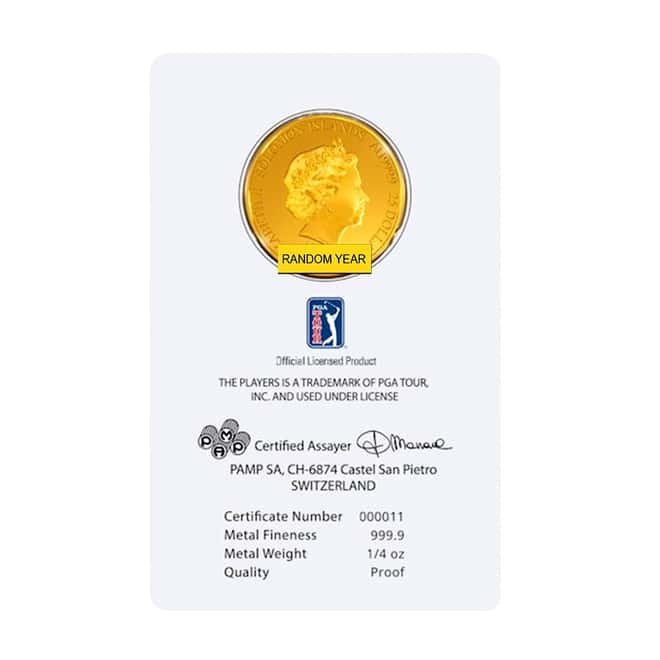 1/4 oz Players Championship Proof Gold Coin Solomon Islands .9999 Fine (Random Year, In Assay)