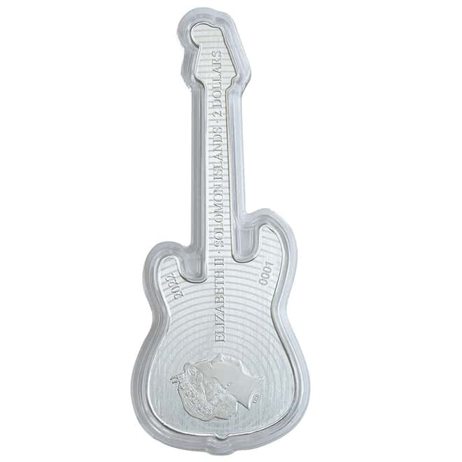 2022 1 oz Silver Fender Stratocaster Surf Green Guitar Shaped Coin Solomon Islands .9999 Fine (w/Box)