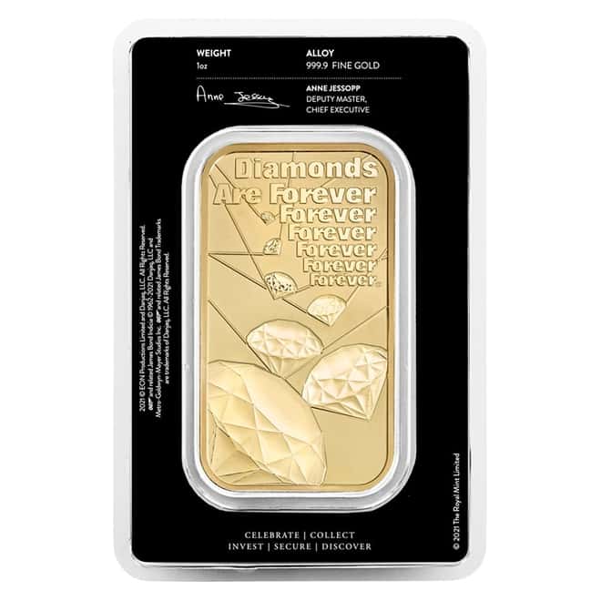 1 oz Great Britain James Bond 007 Diamonds Are Forever Gold Bar .9999 Fine (In Assay)