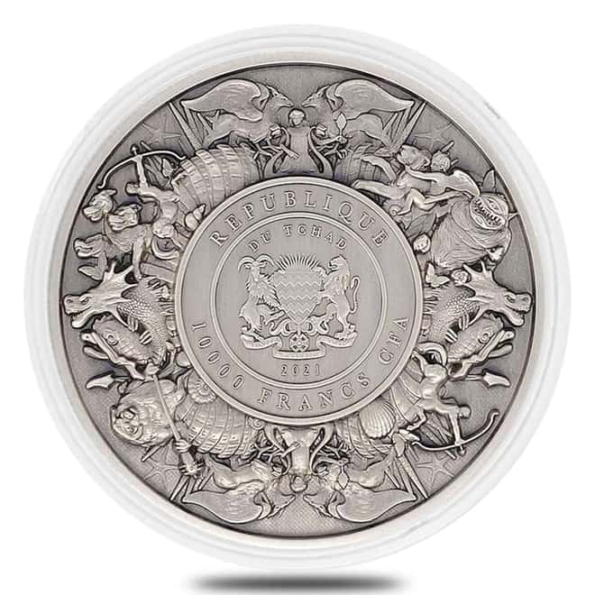 2021 Chad 2 oz Silver Mermaid & Unicorn - Mythical Creatures Series Antiqued High Relief Coin (w/Box)