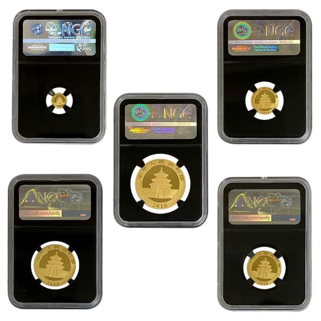 2018 1.83 oz Chinese Gold Panda 5-Coin Set NGC MS 70 FDOI (Retro, Cheng Chao Sign)
