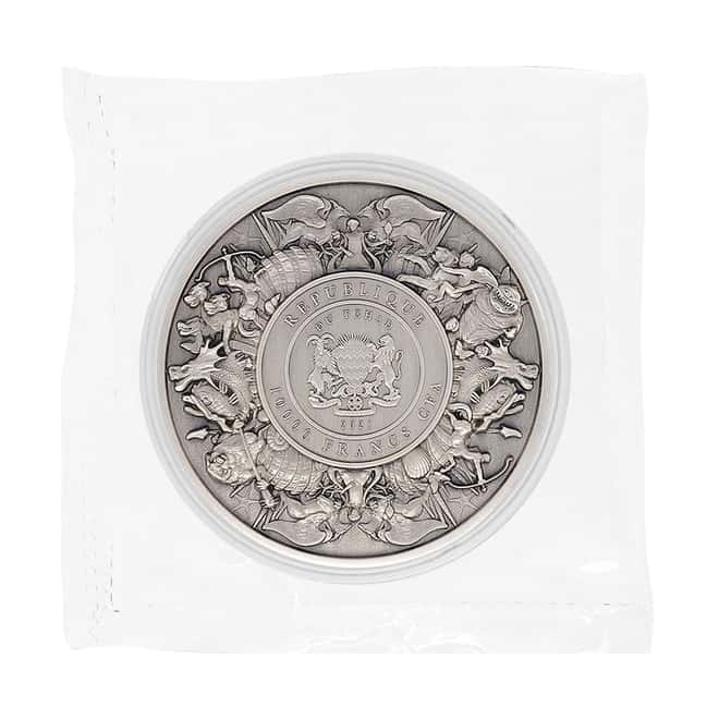 2021 Chad 2 oz Silver Mermaid & Unicorn - Mythical Creatures Series Antiqued High Relief Coin (In Cap, Sealed)