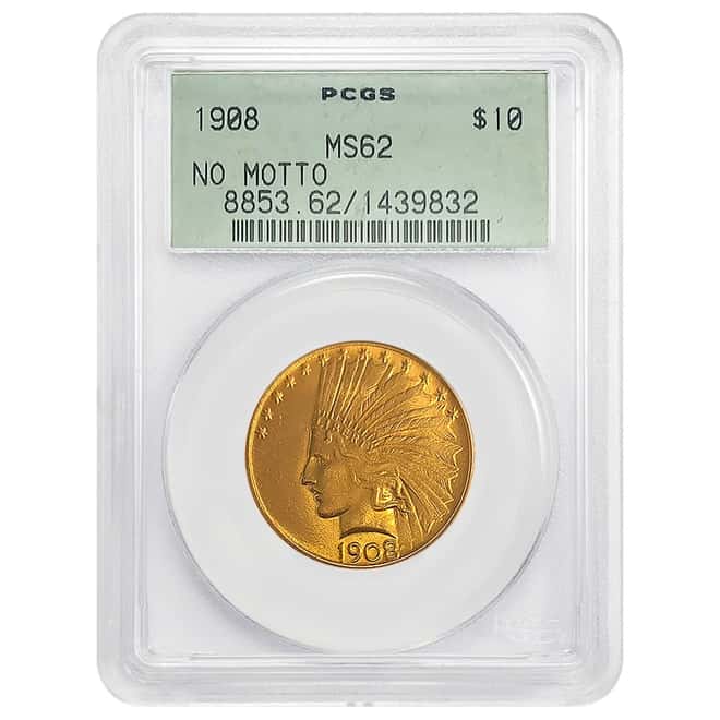 1908 $10 Indian Head Gold Eagle Coin No Motto PCGS MS 62