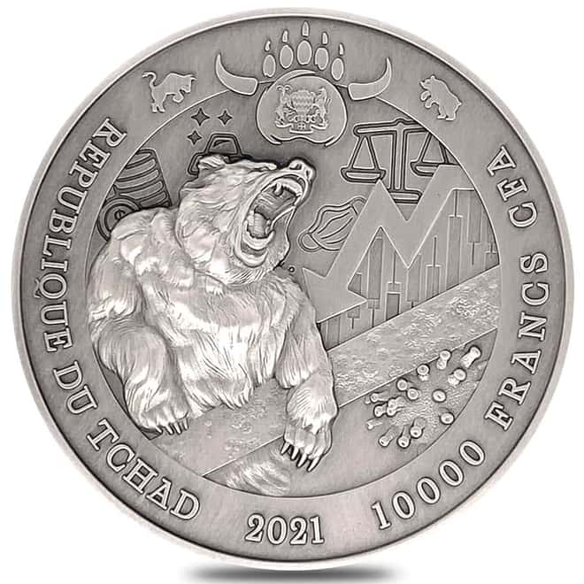 2021 Chad 2 oz Silver Bull vs Bear Pandemic Coin PCGS MS 69 FS Antiqued High Relief