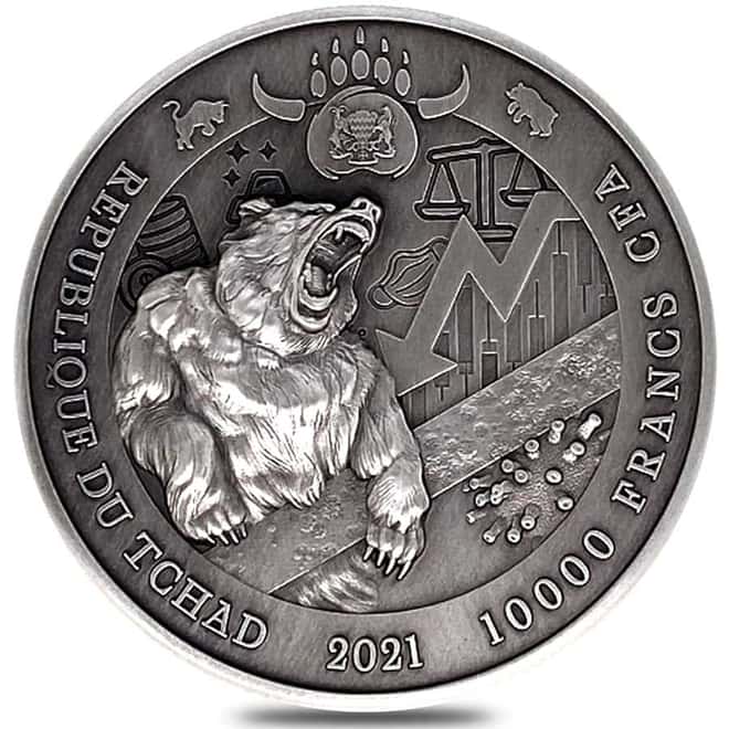 2021 Chad 2 oz Silver Bull vs Bear Pandemic Antiqued High Relief Coin (In Cap, Sealed)