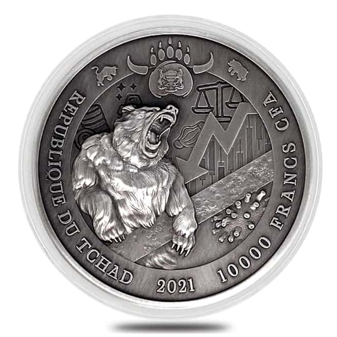 2021 Chad 2 oz Silver Bull vs Bear Pandemic Antiqued High Relief Coin (In Cap, Sealed)