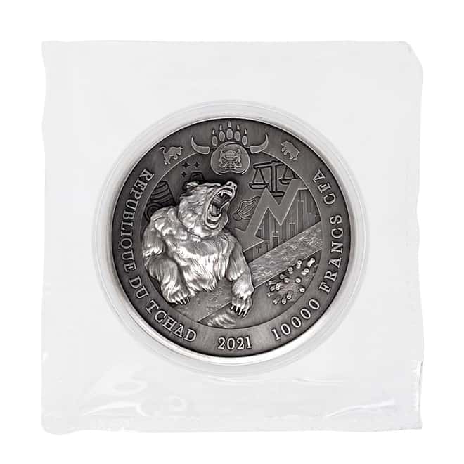 2021 Chad 2 oz Silver Bull vs Bear Pandemic Antiqued High Relief Coin (In Cap, Sealed)
