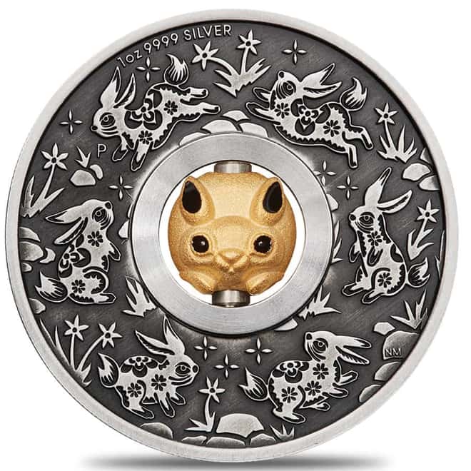 2023 Tuvalu 1 oz Antiqued Silver Lunar Year of The Rabbit Rotating Charm (w/Box & COA)
