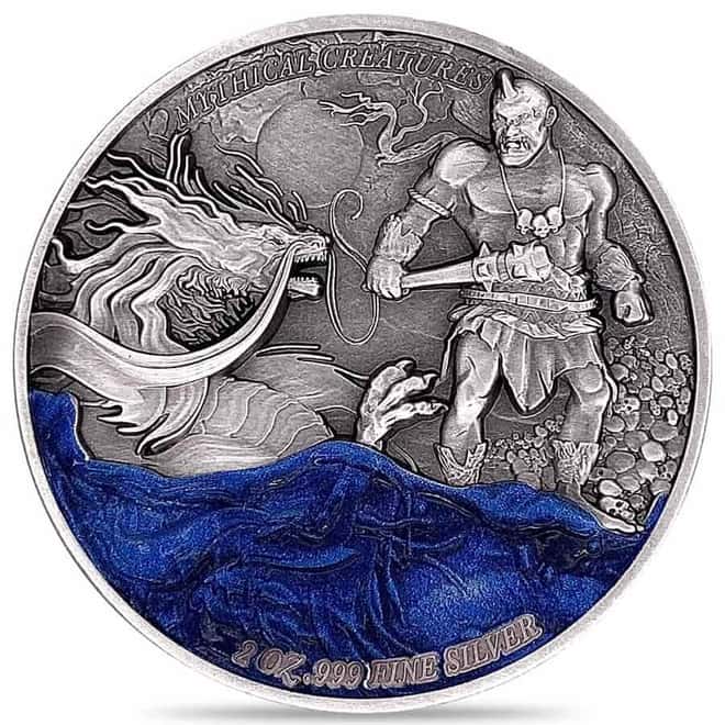 2023 Chad 2 oz Silver Dragon and Cyclops - Mythical Creatures Coin Serial #10 Antiqued High Relief (w/Box)