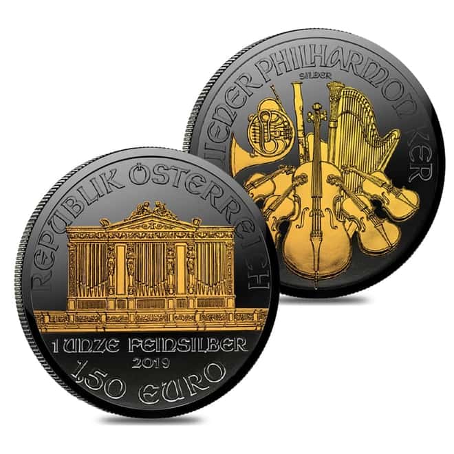 2019 1 oz Austrian Silver Philharmonic Coin Black Ruthenium 24K Gold Edition (w/Box & COA) 