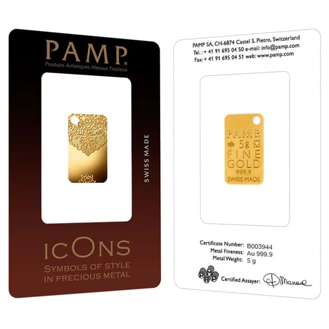 5 gram Gold Bar PAMP Suisse Chantilly Lace .9999 Fine (In Assay)
