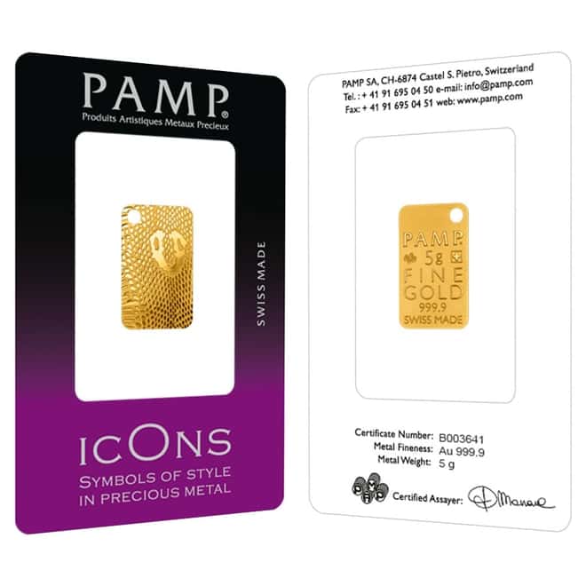 5 gram Gold Bar PAMP Suisse Cobra Skin .9999 Fine (In Assay)