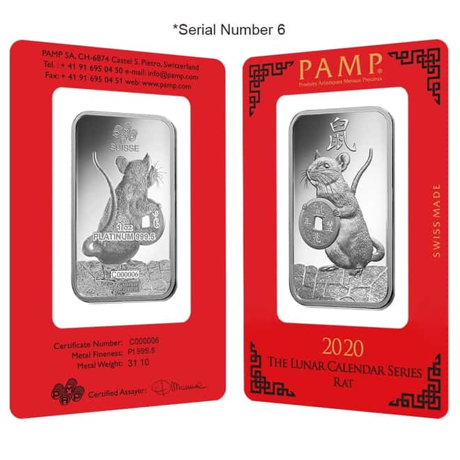1 oz PAMP Suisse Year of the Mouse / Rat Platinum Bar (In Assay) Serial #6