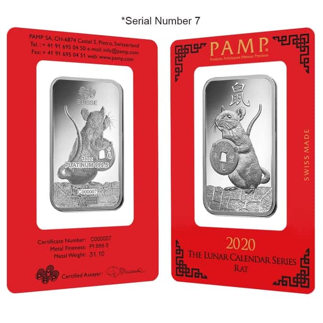 1 oz PAMP Suisse Year of the Mouse / Rat Platinum Bar (In Assay) Serial #7