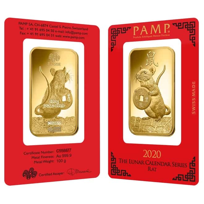 100 gram PAMP Suisse Year of the Mouse / Rat Gold Bar (In Assay)