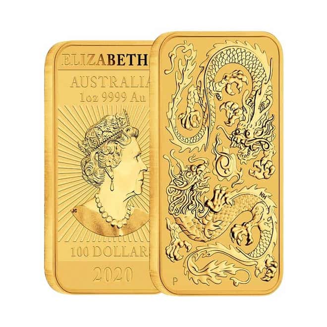 2020 1 oz Gold Australian Dragon Coin Bar $100 BU