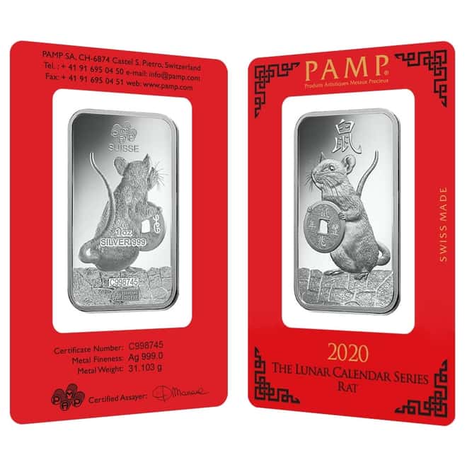 1 oz PAMP Suisse Year of the Mouse / Rat Silver Bar (In Assay)